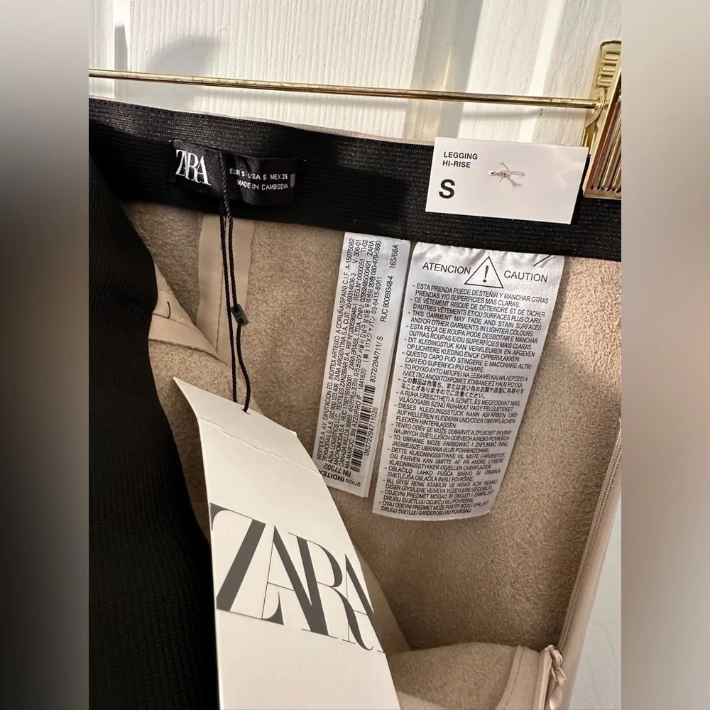ZARA NWT Hi Rise Legging Faux Leather SMALL Side Zip Elastic Waist Pull On Camel - Picture 6 of 13